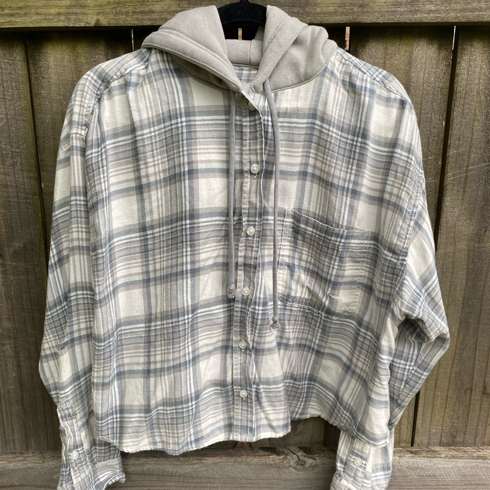 American Eagle Cropped Plaid Flannel Hoodie